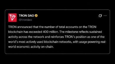 Photo of Число аккаунтов в сети Tron превысило 400 миллионов, а объем переводов в USDT приблизился к 30 триллионам долларов